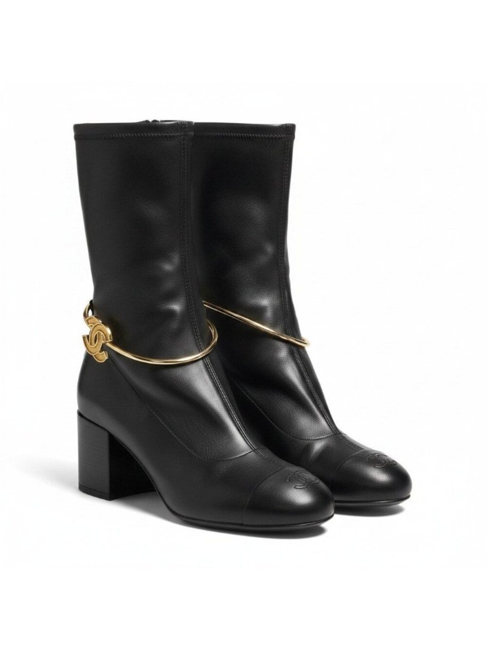 Chanel Cruise CC Logo Metal Ring Leather Boots 36.5 Black